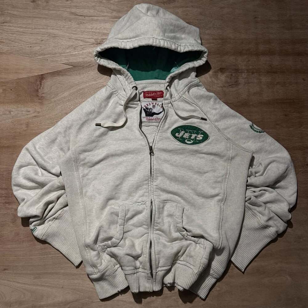 Vintage Mitchell & Ness New York Jets Throwbacks Distressed Zip Hoodie XL